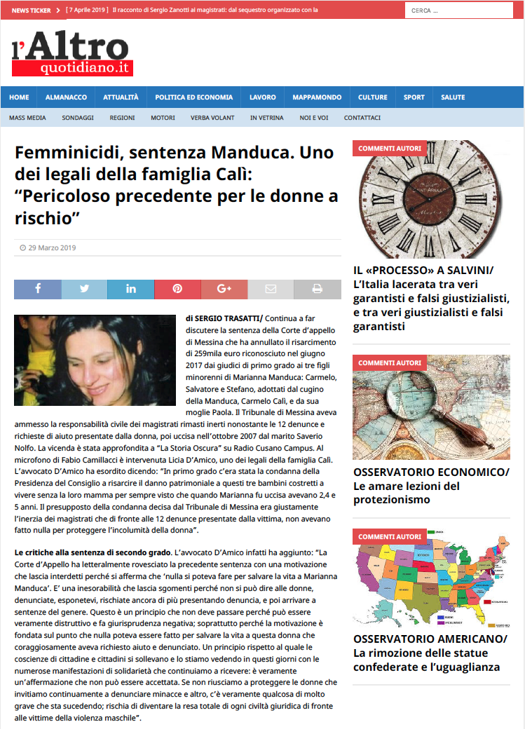 Articolo <Altroquotidiano su Sentenza di appello Manduca