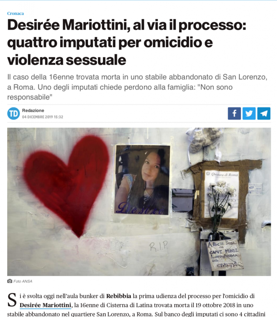 4 dicembre 2019, è iniziato a Roma il dibattimento in Corte di Assise per l’omicidio di Desiree Mariottini. Insieme a Marianna e Bon’t Worry, con gli avvocati Alfredo Galasso e Licia D’Amico parti civili accanto alla famiglia.